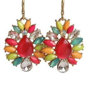 Gold Tone Drop Earrings Multicolor Resin Stones 2.75" Long Rhinestone, Gift Bag